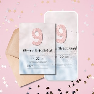 Editable Pink 9th Birthday Invitation | Template Glitter Birthday Party Invite | Rainbow l Girl Ninth Birthday Instant Download Digital