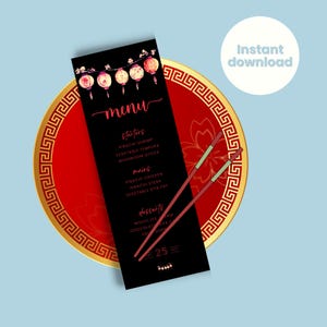Szablon zaproszenia na przyjęcie urodzinowe Hibachi Menu Red Black Dinner Party INSTANT DOWNLOAD Japońska restauracja Sushi Teppanyaki edytowalny HIB