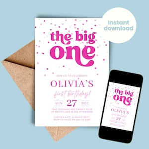 The Big One verjaardagsuitnodiging meisjes roze sterren retro feestuitnodiging, roze en wit, INSTANT DOWNLOAD, bewerkbare sjabloon eerste 1 1e verjaardag