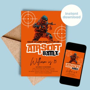 Invitation anniversaire airsoft garçons fête d'invitation jeu munitions pistolet inviter tir cible Paintball téléchargement immédiat modèle modifiable filles garçons
