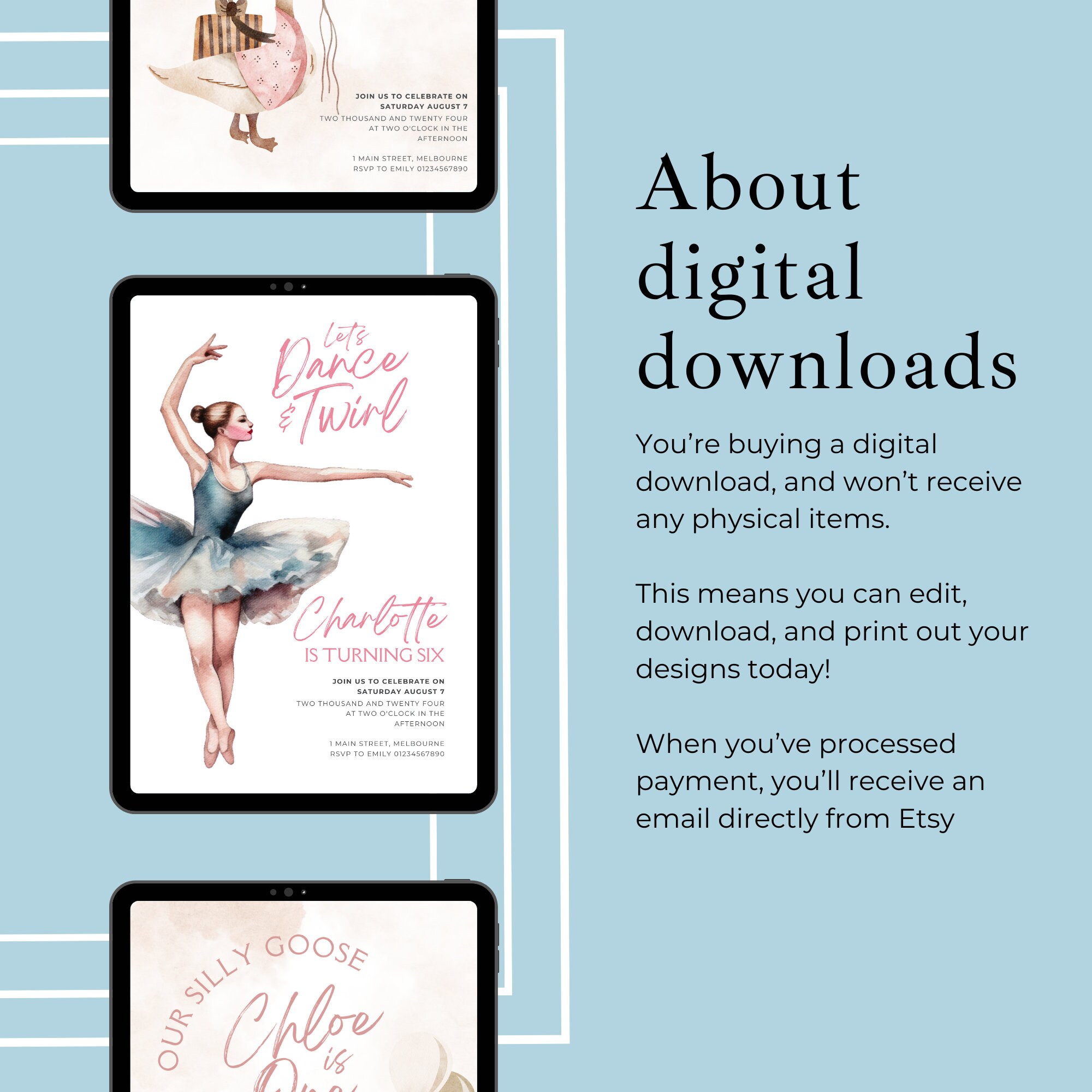 Ballerina Birthday Party Invitation Girls Ballet Invite Dance and Swirl ...