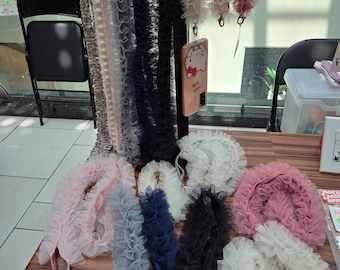 Fluffy tulle lace mobile phone strap with clear tether patch tabs light gray