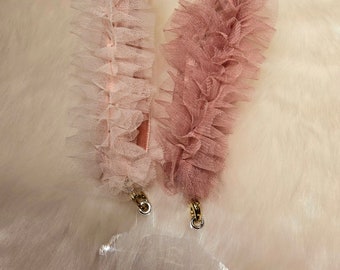 Fluffy tulle lace mobile phone strap with clear tether patch tabs dusty pink or light pink