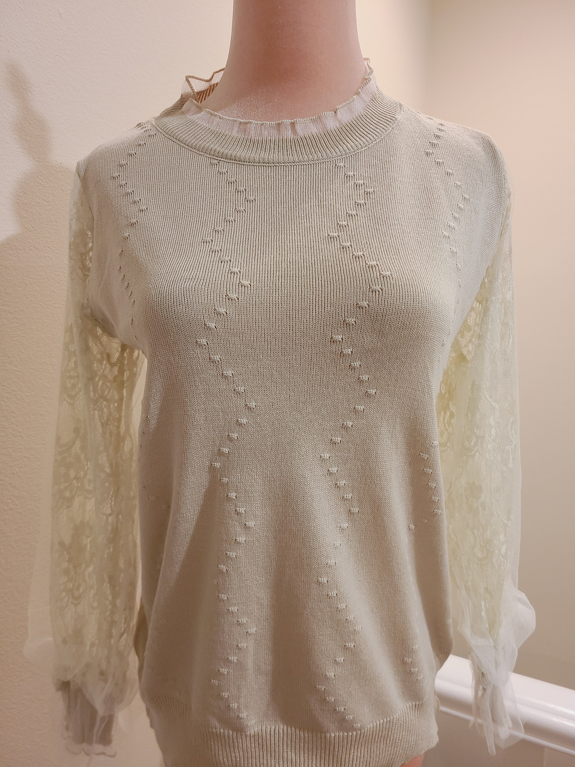 Vintage elegant light gray lace sleeves blouse