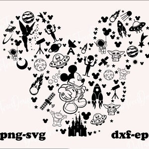 Svg Mickey Mouse silueta Png, Personaje de dibujos animados Archivo de corte Dxf, Cricut, mickey astronauta, mickey espacio,
