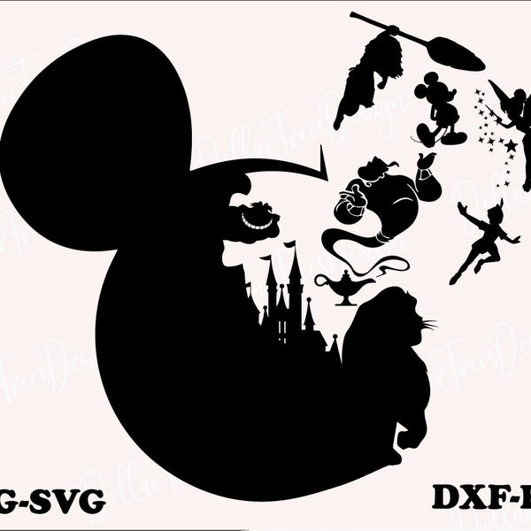 mickey mouse silhouette svg ,Png, Cartoon character Cut file Dxf, Cricut, Animal Kingdom, princess, magic,