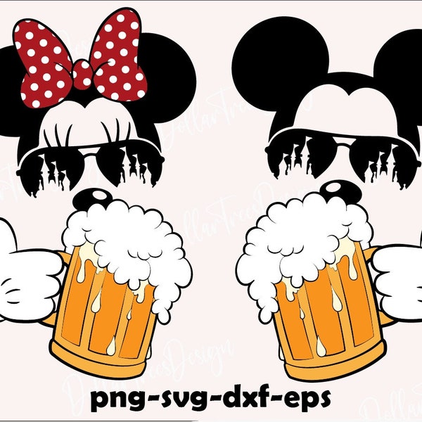 Mickey and Minnie beer, sunglasses, Aviators, family group shirts, minnie and mickey svg, mickey with aviators and minnie with red bow svg