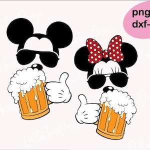 Mickey and Minnie beer, sunglasses, Aviators, family group shirts, minnie and mickey svg, mickey with aviators and minnie with red bow svg