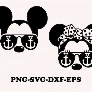 May include: Black and white silhouette of Mickey Mouse and Minnie Mouse wearing sunglasses with anchor designs.  The text "PNG-SVG-DXF-EPS" is below the images.