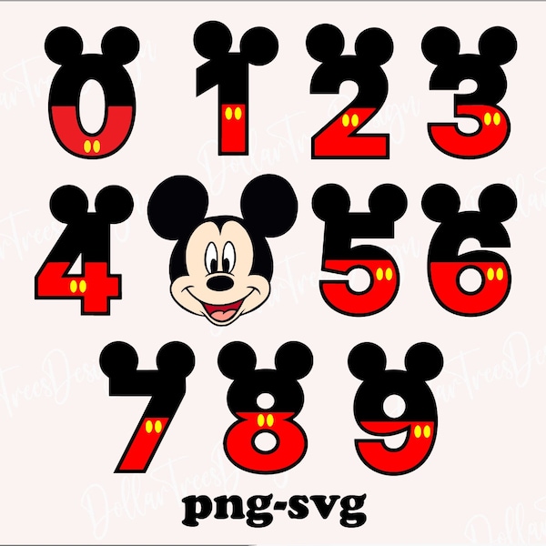 Mickey Mouse Numbers Clipart SVG, PNG