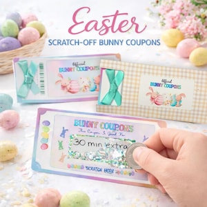 May include: Easter-themed scratch-off bunny coupons. The coupons have a pastel color scheme with a ribbon accent. The text on the coupons reads "BUNNY COUPONS" and "30 min extra". The image also includes decorative Easter eggs.