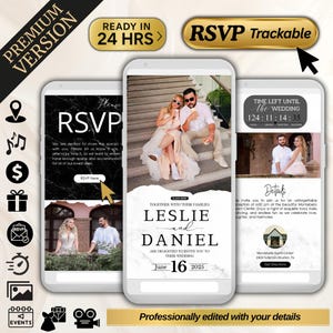 Faire-part mariage numérique premium avec RSVP, musique, compte à rebours, carte – Créé pour vous, prêt en 24h