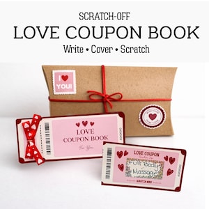 May include: A brown gift box tied with red twine, featuring a "LOVE COUPON BOOK". Two pink coupons with heart designs and the text "LOVE COUPON BOOK" and "Full Body Massage" are in front of the box. The text "Write Cover Scratch" is at the top.