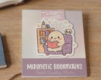 Kawaii Ghost Magnetic Bookmark – Holographic Glitter Page Clip for Books & Planners