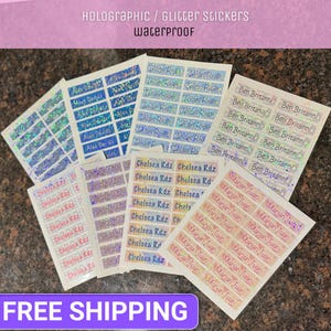 Holographic Custom Name Stickers Waterproof & Dishwasher Safe Personalized for Kids School Supplies Bottles LunchboxesPreschool Name Labels