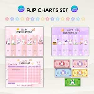 May include: A printable set of pink and purple flip charts for a child's morning and bedtime routine. The charts feature a cartoon bunny and include activities like brushing teeth, getting dressed, and going to bed. A reward chart with a grid for tracking good behavior is also included, along with printable play money.