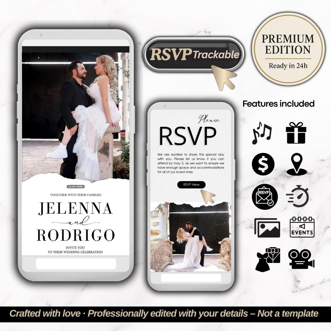 Premium Digital Wedding web Invitation with Embedded Countdown Timer, music, trackable RSVP and Maps, Gift Links Website Invite