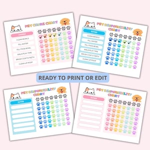 Puede incluir: Tabla de tareas para mascotas imprimible con casillas de verificación con forma de huella de pata. La tabla incluye tareas como limpiar los cuencos, llenar el agua, llenar los cuencos de comida, pasear/jugar, cepillar el pelaje y los dientes, y limpiar la caca. La tabla presenta un gato y un perro de dibujos animados lindos.