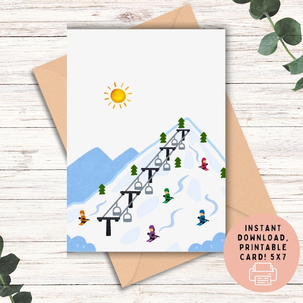 Biglietto d'auguri con tema sciistico in acquerello, divertimento invernale (download digitale)