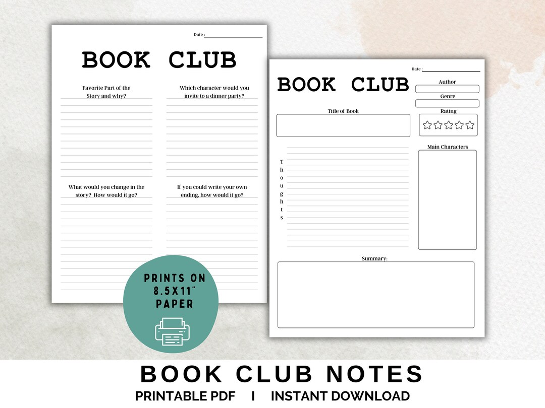 Printable Book Club Discussion Template, Book Review, Book Club