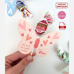 Kid&#39;s Classroom Valentine, Butterfly Valentine&#39;s Day Lollipop Tags, Printable Lollipop Valentine, DIY Valentine, Candy Gram Gift Valentine
