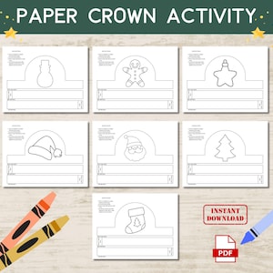 Christmas Paper Crowns, Seasonal Paper Crown Printable Template, Party Headband Coloring Printable, Kids Birthday Favor, Classroom Activity