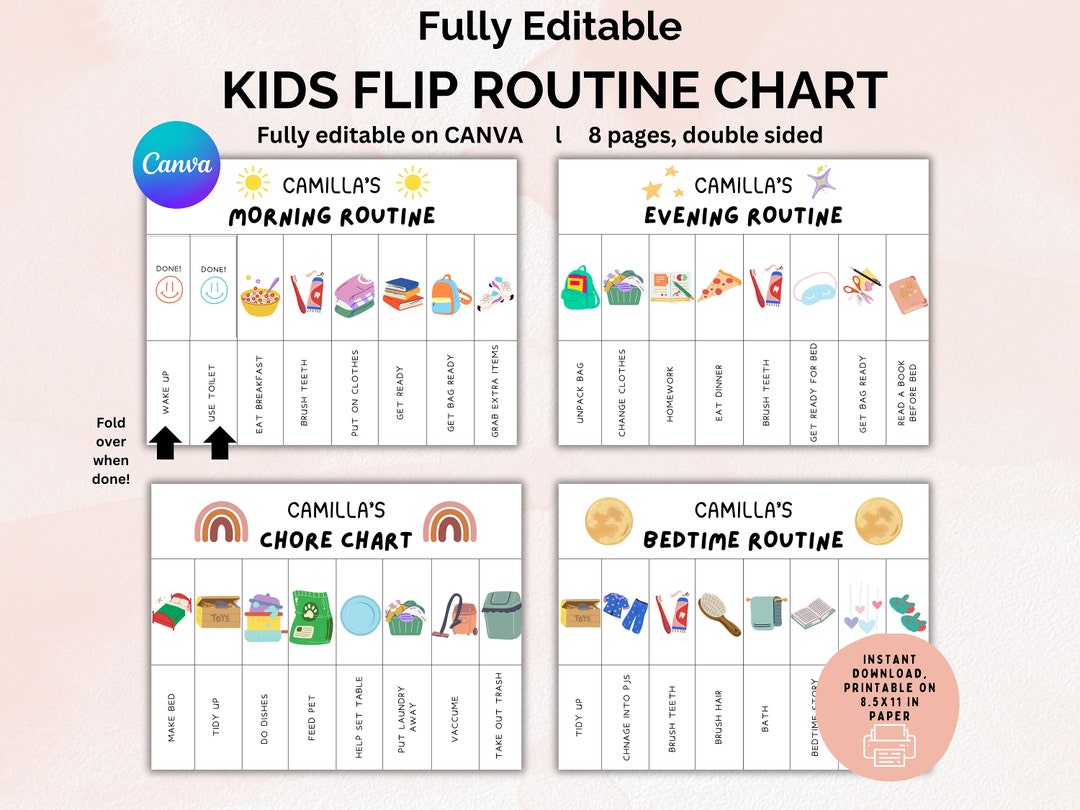 Kids Flip Routine Chart, Morning, Evening, Chore (editable Printable ...