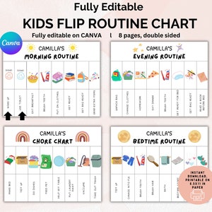 Kids Toddler Flip Routine Chart Editable Printable, Morning Evening Bedtime Chore Flip Chart Page, Visual Schedule, PDF Routine Chart