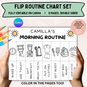 Kids Toddler Flip Routine Chart Editable Printable, Morning Evening Bedtime Chore Flip Chart Color Page, Visual Schedule, PDF Routine Chart