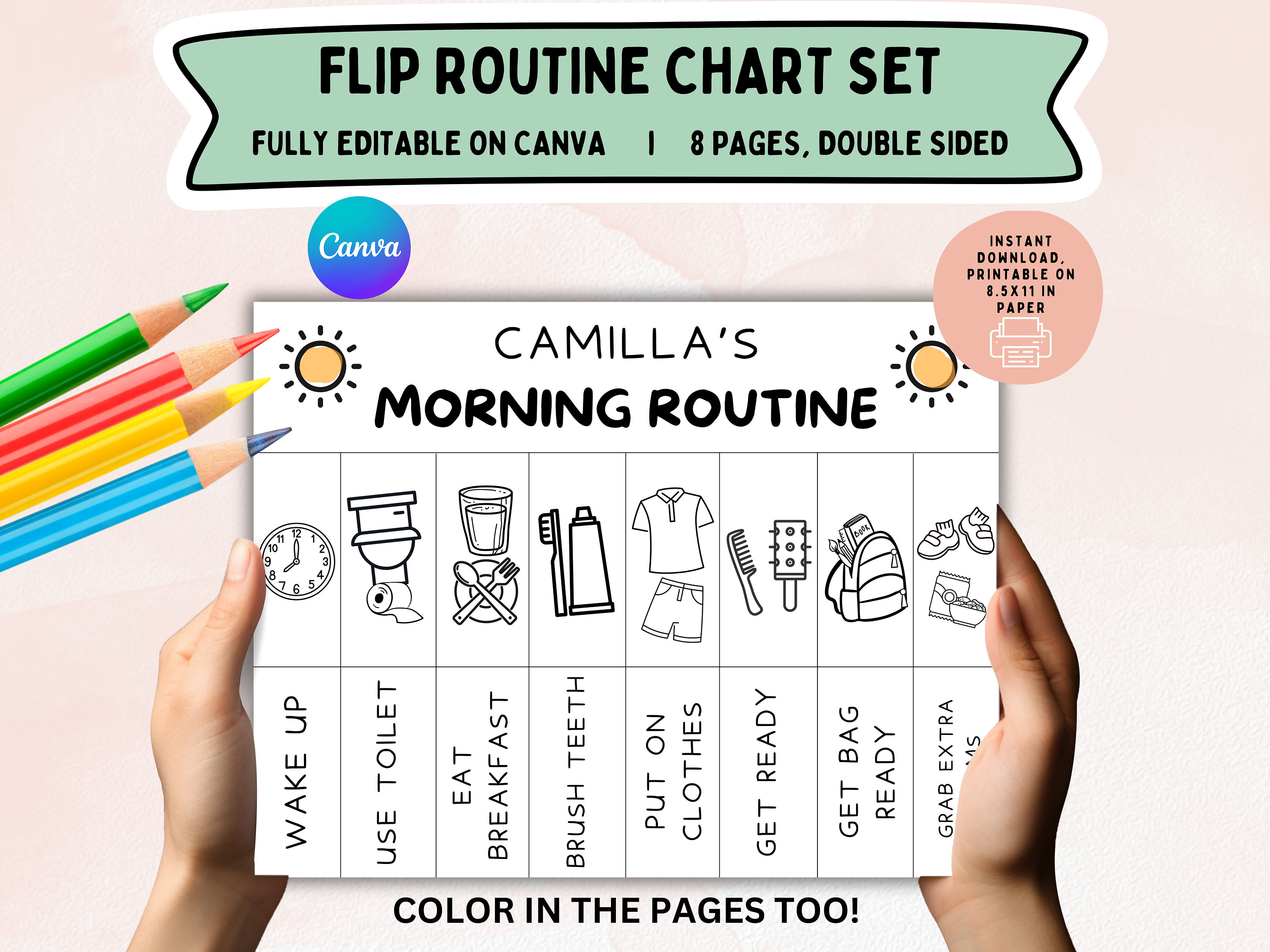 Editable Kids Routine Chart, Visual Schedule, Color Page (PDF) - Etsy