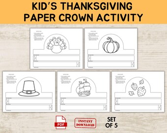 Thanksgiving Paper Crown Coloring Activity, Fall Party Favors (PDF Pattern)