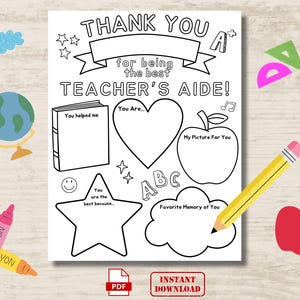 Könnte beinhalten: Schwarz-weiß druckbare "Danke Lehrerhelfer" Malvorlage. Enthält Ausfüllfelder zur Personalisierung sowie Illustrationen von rotem Apfel, gelbem Bleistift und Buntstift. Der Text lautet "Danke, dass Sie der beste Lehrerhelfer sind!"
