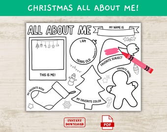 Christmas All About Me Worksheet, Printable Kids Activity (PDF)