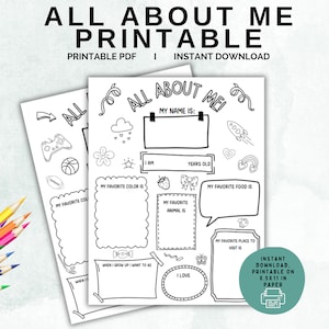 All About Me Printable, Back to School Worksheet Kids, Get to Know Me Classroom Activity, Homeschool, Coloring Page, Digital Download PDF