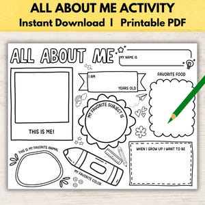 All About Me Activity, Get to know me Printable, All About Me Favorites Printable, Back to School, Homeschool, About Me Coloring Page