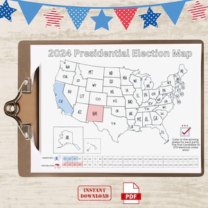 May include: A printable 2024 Presidential Election Map of the United States. The map is divided into states and includes a key for Democrat and Republican parties. The map is ready to be coloured in with the winning states for each party. The first candidate to reach 270 electoral votes wins.