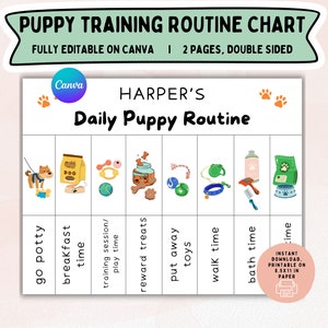 May include: A printable puppy training routine chart with a colorful design. The chart includes icons for potty time, breakfast, training, play time, treats, putting away toys, walk time, bath time, and bedtime. The chart is fully editable on Canva and is 8.5x11 inches.
