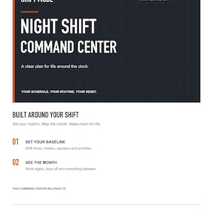 Könnte beinhalten: Ein digitales Dokument mit dem Titel Night Shift Command Center auf einem dunklen Rasterhintergrund. Es enthält Abschnitte zur Festlegung einer Basis, zur Monatsplanung und Zeilen für persönliche Angaben auf einer Seite im US Letter Format.