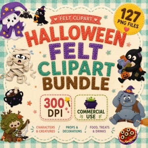 Paquete de imágenes prediseñadas de fieltro para Halloween, archivos PNG de Halloween, accesorios y decoraciones, dulces y golosinas, uso comercial, descarga instantánea.
