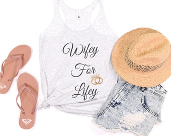 Wifey For Lifey- Débardeur féminin, Débardeur blanc, Chemise lune de miel, Cadeau pour fiancé, Tee de femme, Cadeau de mariée, Cadeau pour femme, Femme crewneck Active