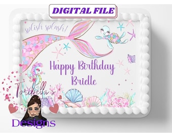 Topper per torta di compleanno, baby shower con coda di sirena rosa modificabile, che personalizziamo per te, download digitale, stampe da forno, facile da modificare.