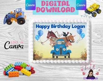 Adorno para pastel de cumpleaños o baby shower con diseño de camión azul editable, animales de granja, para editar en Canva, descarga digital, panadería, lata para imprimir, adorno para ti