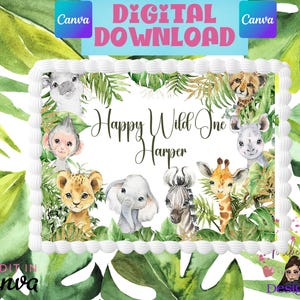 Könnte beinhalten: Ein weißer Kuchen mit einem weißen Frosting-Rand. Der Kuchen ist mit einem Aquarell-Design von Dschungeltieren verziert, darunter eine Giraffe, ein Zebra, ein Elefant, ein Nashorn und ein Löwe. Der Text "Happy Wild One Harper" ist in Schwarz auf den Kuchen geschrieben.