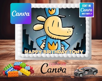 Immagine di un poliziotto e un cane modificabile su Canva per la festa di compleanno, decorazione per torta commestibile, facile da modificare, download digitale Canva, stampa da forno.