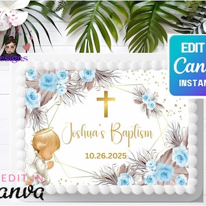 Pode incluir: Um bolo branco com um design azul e dourado. O bolo é decorado com uma cruz, um anjo bebê e o texto "Batismo de Joshua 10.26.2025".