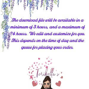 Pu&ograve; includere: Immagine di design digitale con sfondo bianco, con glicine ad acquerello e testo. Il testo indica il tempo di disponibilit&agrave; del file scaricato e menziona i servizi di modifica e personalizzazione. L'immagine include il logo "Toribella's Designs".
