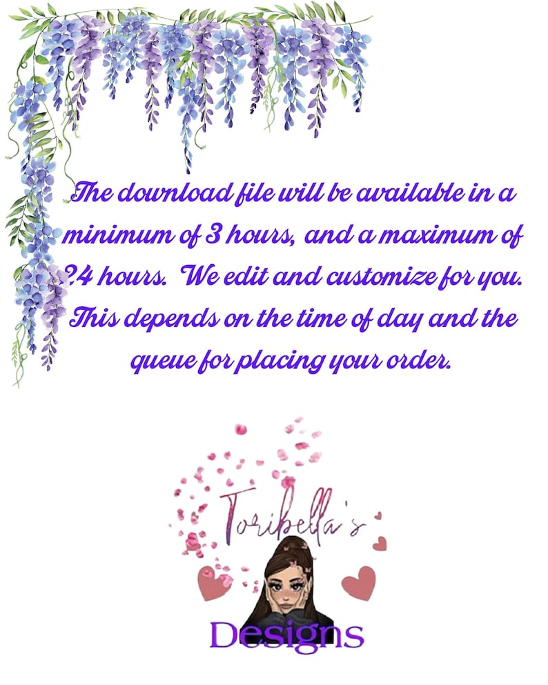 Pu&ograve; includere: Immagine di design digitale con sfondo bianco, con glicine ad acquerello e testo. Il testo indica il tempo di disponibilit&agrave; del file scaricato e menziona i servizi di modifica e personalizzazione. L'immagine include il logo "Toribella's Designs".