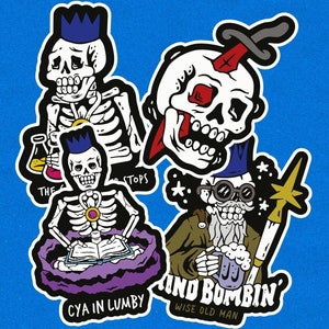 May include: Four colorful stickers featuring skeleton characters with different expressions and accessories. The stickers have text that reads "The Tops", "Cya in Lumby", "Wise Old Man", and "Kind Bombin".