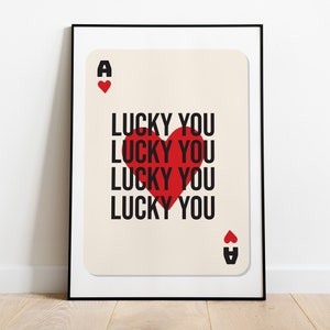 Red & Black Lucky You Ace of Hearts Playing Card Wall Art Print, Bar Cart, Game Room, Playful Poster, Modern Art