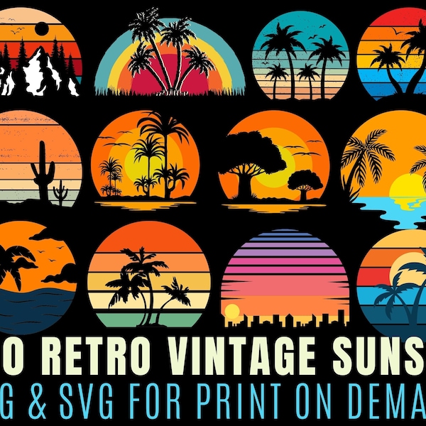 100 Retro Sunset Design Beach, Mountains SVG & PNG Bundle For Print On Demand Business For Commercial Use - Printable Digital Download